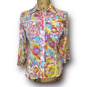 Liz Claiborne Size Petite Small Pastel Watercolor Lightweight Floral Button Down
